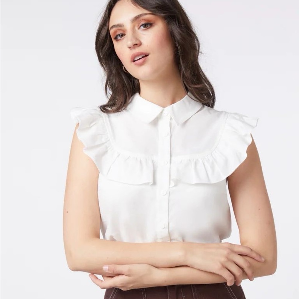 Dangerfield 70s Style Cotton Ruffle Button Down Olly Blouse